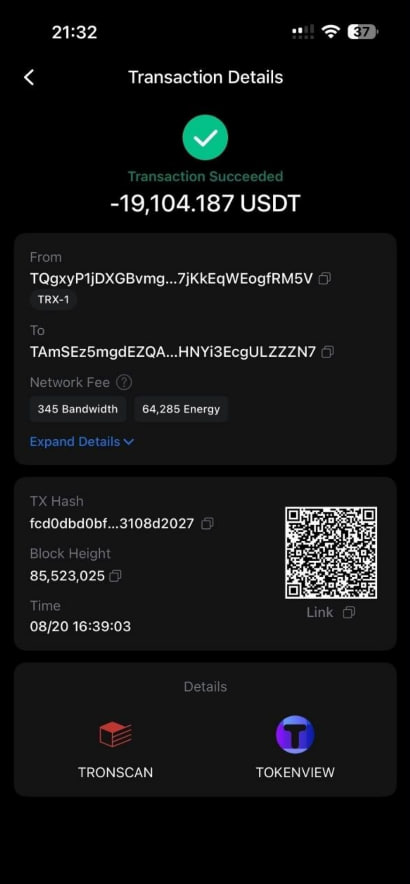 Successful transaction record for 19,104.187 USDT