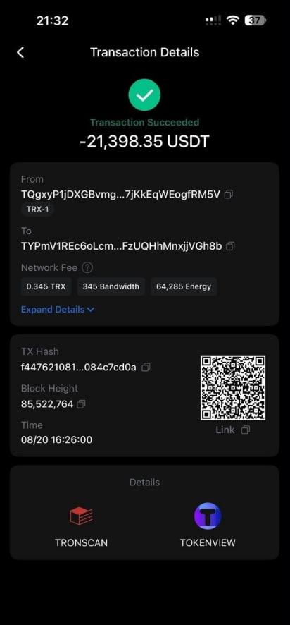 Successful transaction record for 21,398.35 USDT